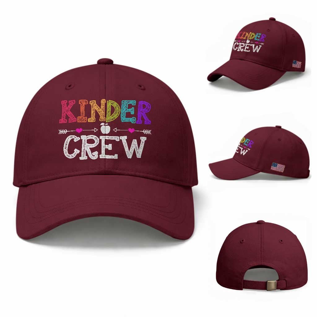 Kinder Crew Funny Kindergarten Baseball Cap Teacher and Student Back to School TS01 Baseball Cap Universal Fit Maroon Print Your Wear