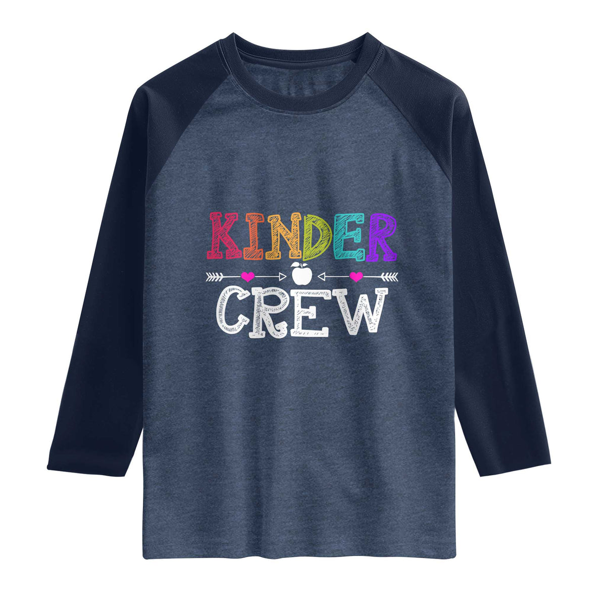 Kinder Crew Funny Kindergarten Raglan Shirt Teacher and Student Back to School TS01 Heather Denim Navy Print Your Wear