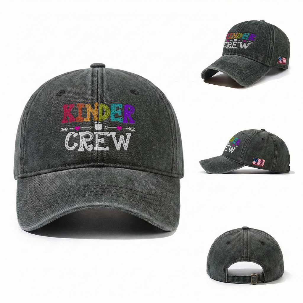 Kinder Crew Funny Kindergarten Washed Cotton Baseball Cap Teacher and Student Back to School TS01 Washed Cap Universal Fit Dark Green Print Your Wear