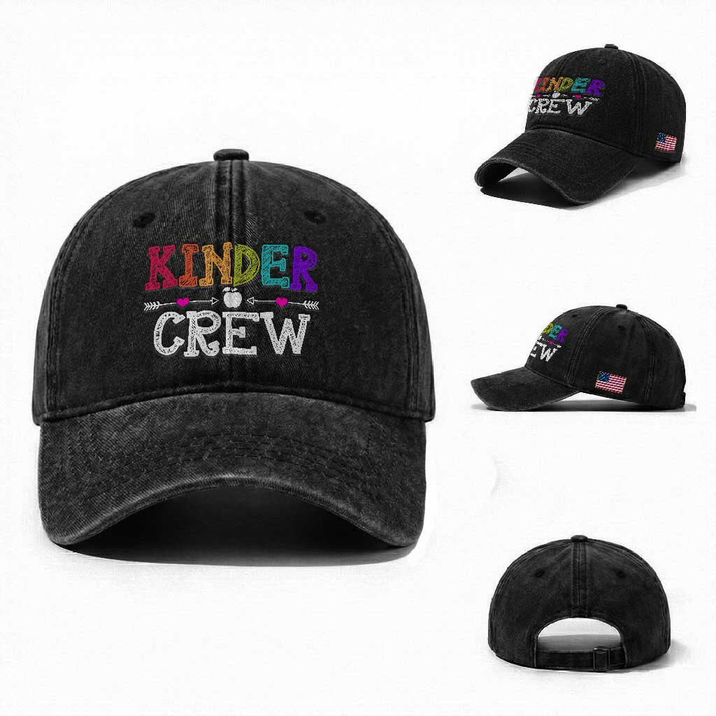 Kinder Crew Funny Kindergarten Washed Cotton Baseball Cap Teacher and Student Back to School TS01 Washed Cap Universal Fit Black Print Your Wear