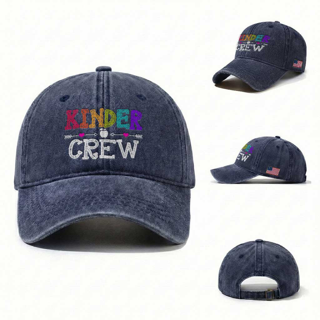 Kinder Crew Funny Kindergarten Washed Cotton Baseball Cap Teacher and Student Back to School TS01 Washed Cap Universal Fit Navy Print Your Wear