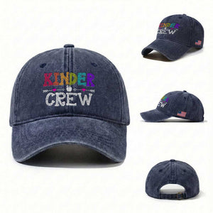 Kinder Crew Funny Kindergarten Washed Cotton Baseball Cap Teacher and Student Back to School TS01 Washed Cap Universal Fit Navy Print Your Wear