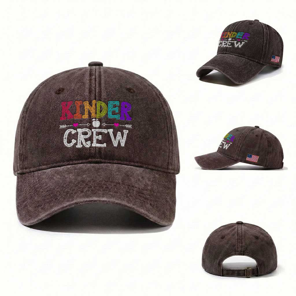 Kinder Crew Funny Kindergarten Washed Cotton Baseball Cap Teacher and Student Back to School TS01 Washed Cap Universal Fit Dark Brown Print Your Wear