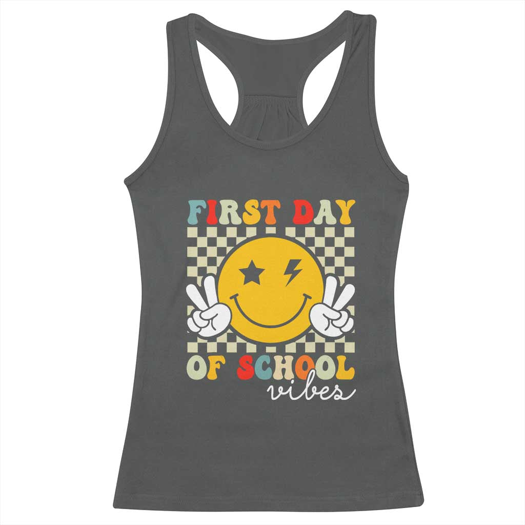First Day of School Vibes Racerback Tank Top Aesthetic Back to School Teacher Student TS01 Dark Heather Print Your Wear