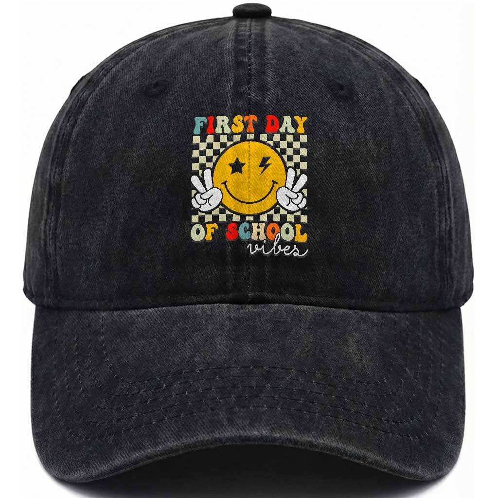 First Day of School Vibes Washed Cotton Baseball Cap Aesthetic Back to School Teacher Student TS01 Print Your Wear