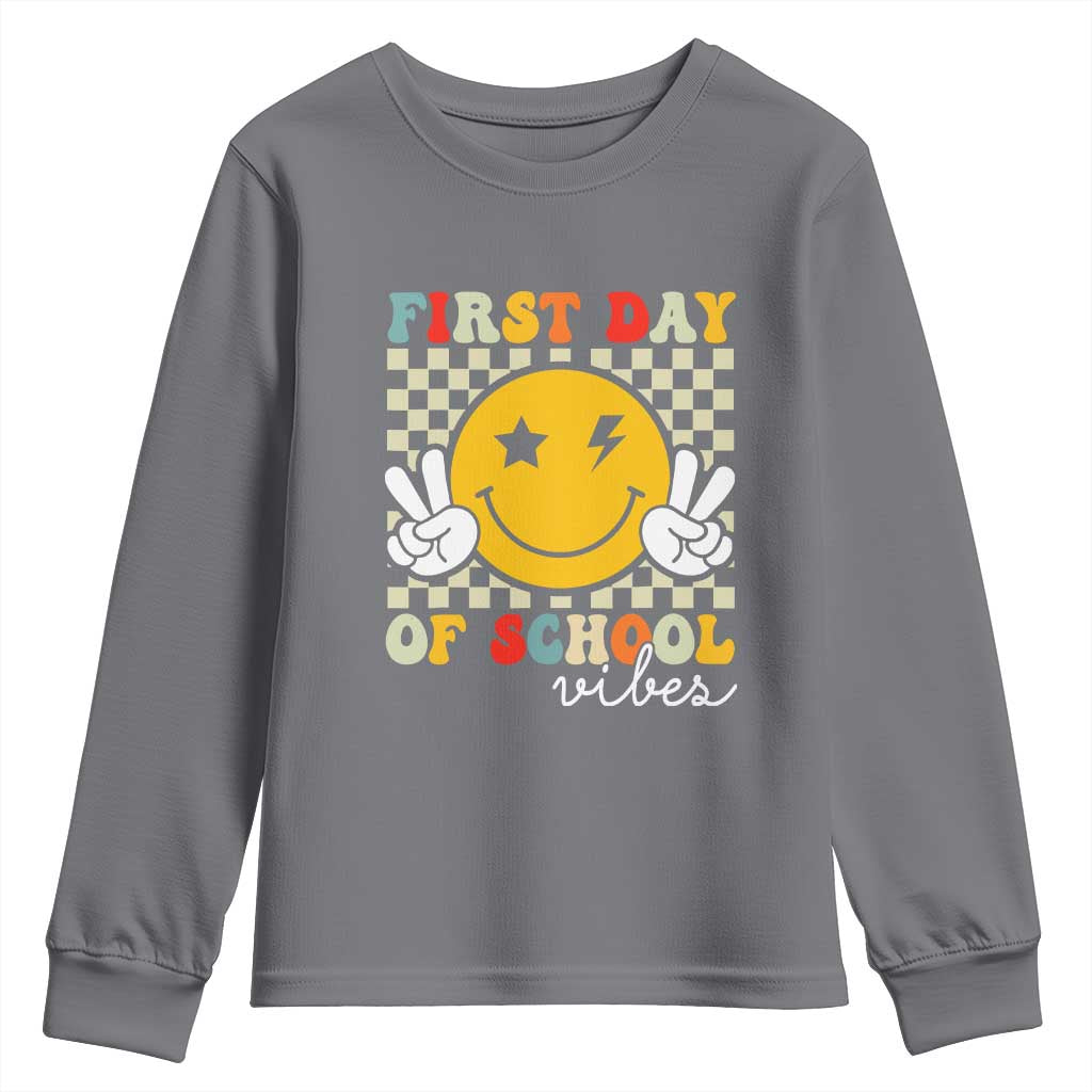 First Day of School Vibes Youth Sweatshirt Aesthetic Back to School Teacher Student TS01 Charcoal Print Your Wear