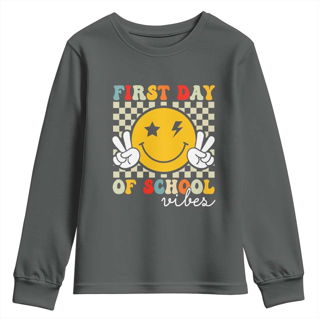 First Day of School Vibes Youth Sweatshirt Aesthetic Back to School Teacher Student TS01 Dark Heather Print Your Wear