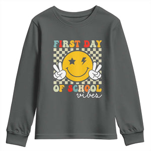 First Day of School Vibes Youth Sweatshirt Aesthetic Back to School Teacher Student TS01 Dark Heather Print Your Wear