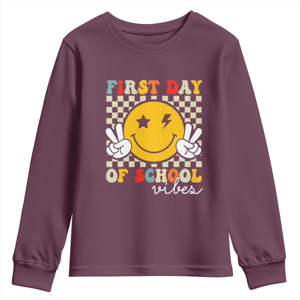 First Day of School Vibes Youth Sweatshirt Aesthetic Back to School Teacher Student TS01 Maroon Print Your Wear