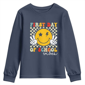 First Day of School Vibes Youth Sweatshirt Aesthetic Back to School Teacher Student TS01 Navy Print Your Wear