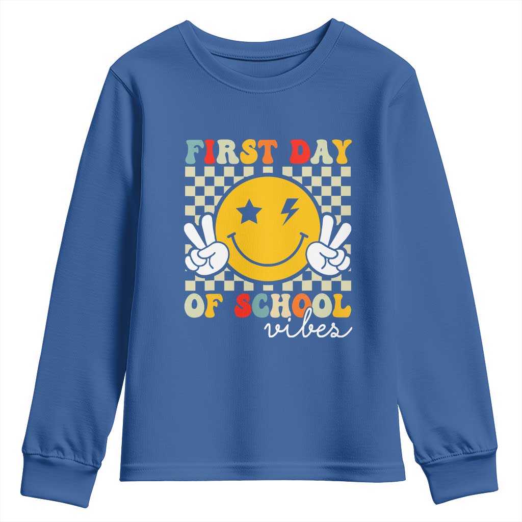 First Day of School Vibes Youth Sweatshirt Aesthetic Back to School Teacher Student TS01 Royal Blue Print Your Wear