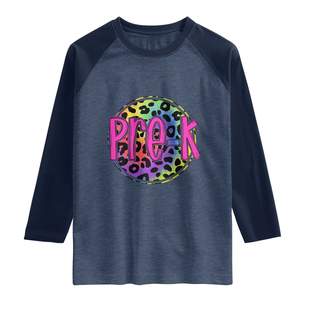 Pre-Kindergarten Neon Leopard Effect Printing Raglan Shirt Wild About PreK Teacher Student Gift TS01 Heather Denim Navy Print Your Wear