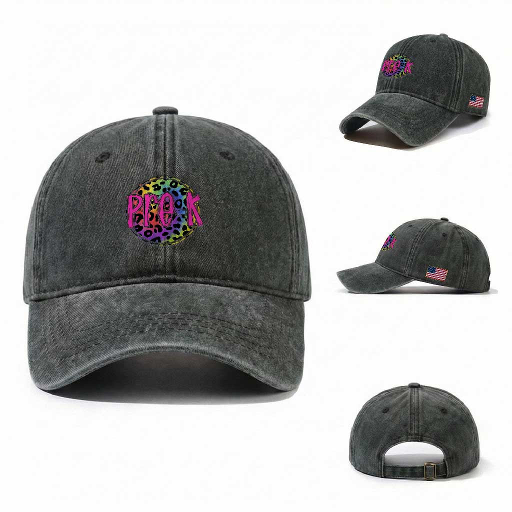 Pre-Kindergarten Neon Leopard Effect Printing Washed Cotton Baseball Cap Wild About PreK Teacher Student Gift TS01 Washed Cap Universal Fit Dark Green Print Your Wear