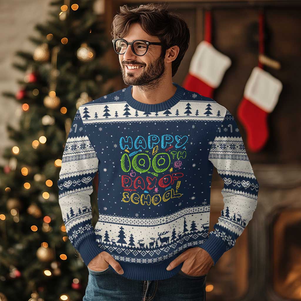 Happy 100 Days of School Ugly Christmas Sweater 100th Day Funny Milestone Celebration TS01 Navy Beige Print Your Wear