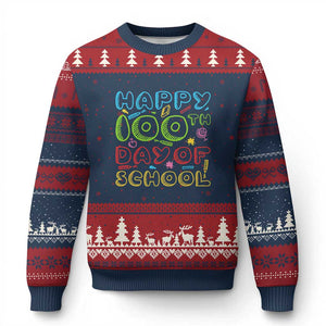 Happy 100 Days of School Ugly Christmas Sweater 100th Day Funny Milestone Celebration TS01 Navy Red Print Your Wear