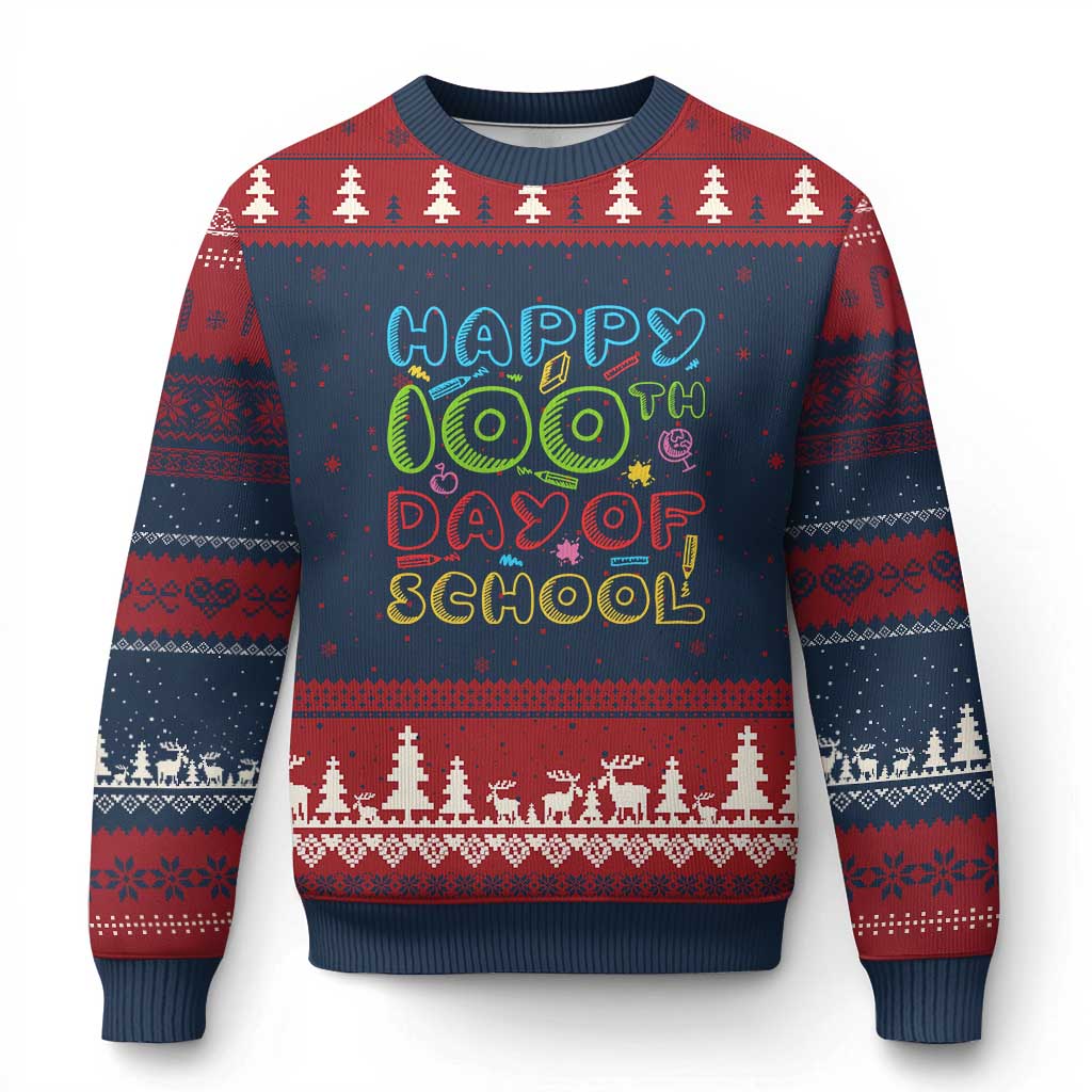 Happy 100 Days of School Ugly Christmas Sweater 100th Day Funny Milestone Celebration TS01 Navy Red Print Your Wear