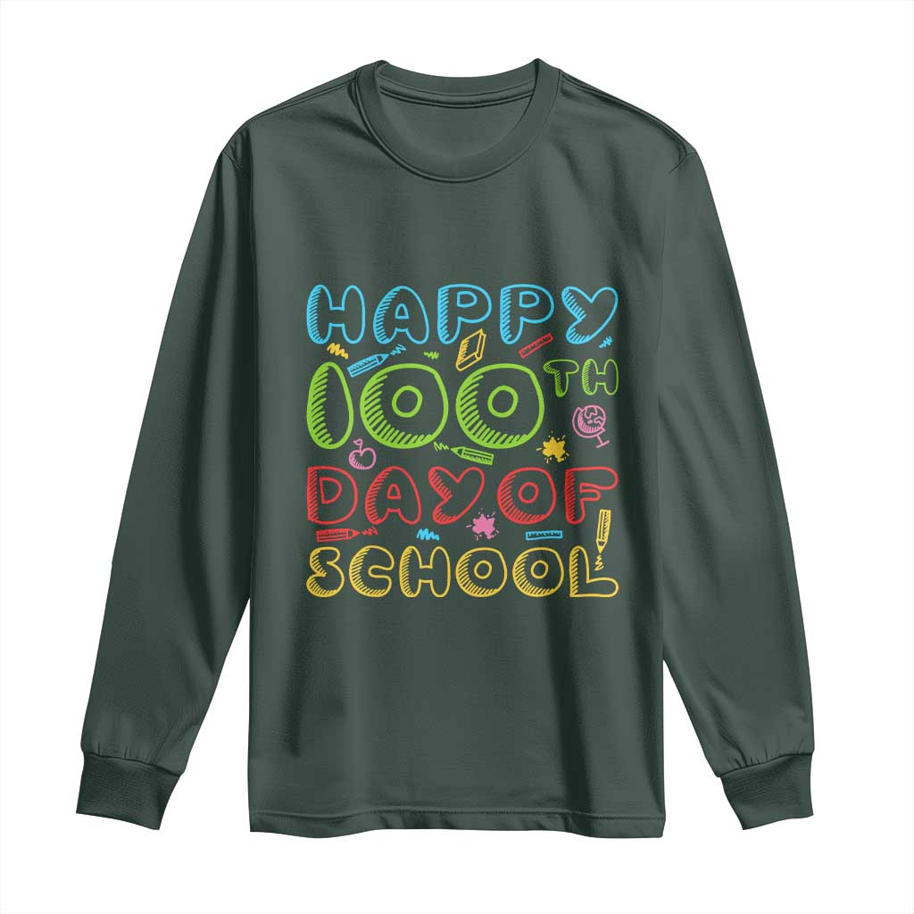 Happy 100 Days of School Long Sleeve Shirt 100th Day Funny Milestone Celebration TS01 Dark Forest Green Print Your Wear