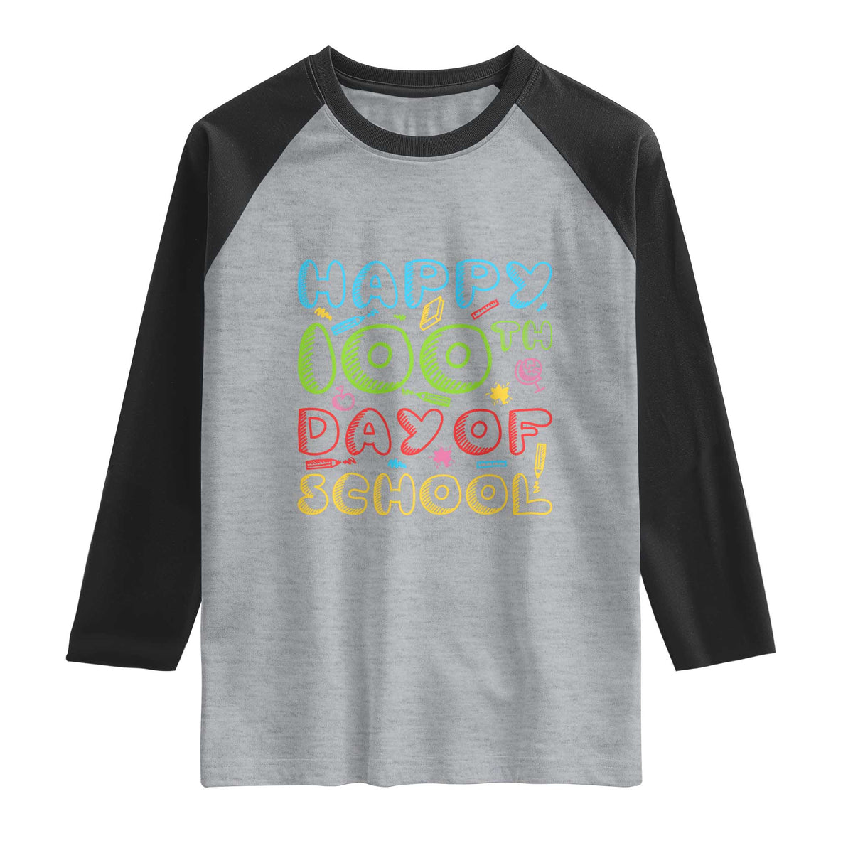 Happy 100 Days of School Raglan Shirt 100th Day Funny Milestone Celebration TS01 Heather Gray Black Print Your Wear