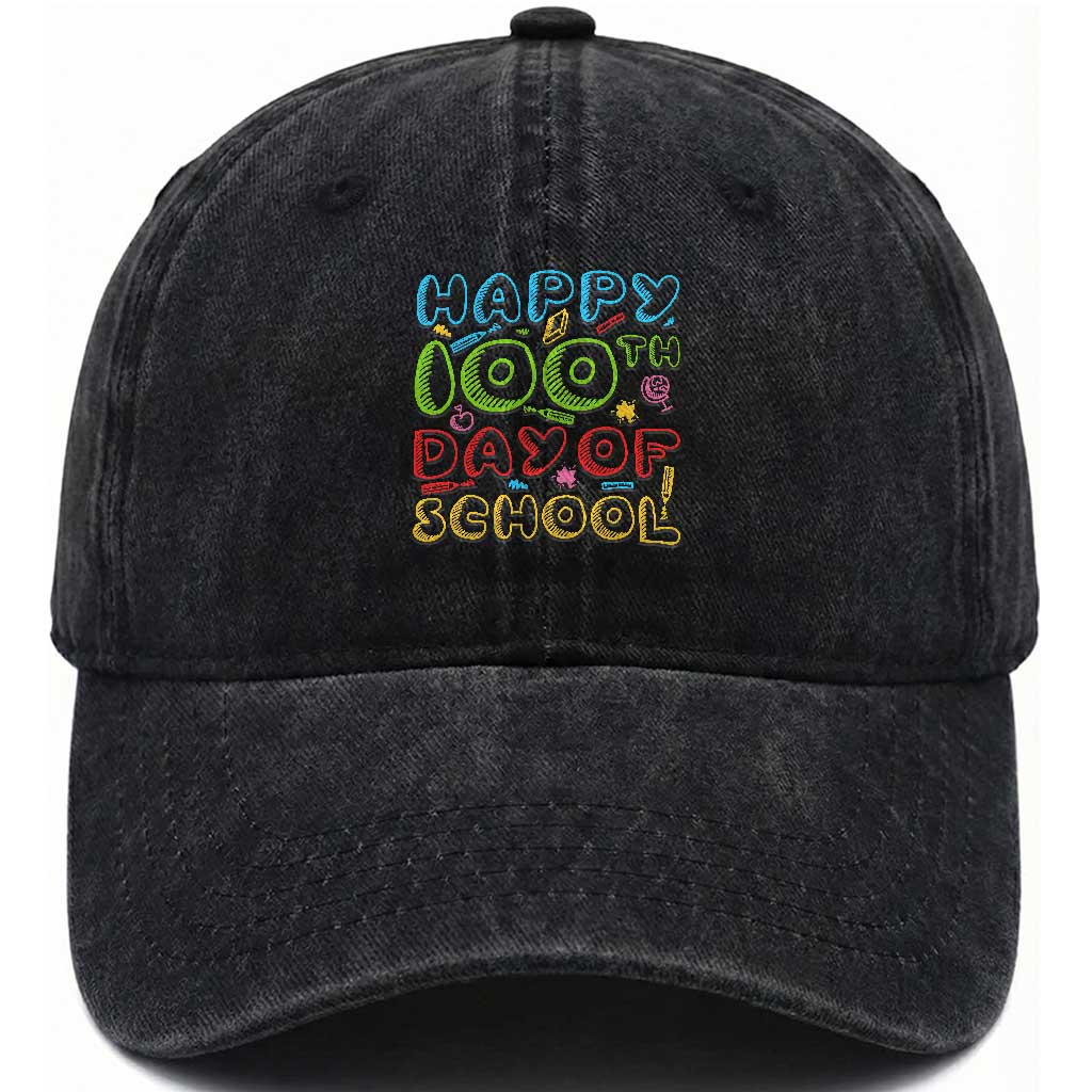 Happy 100 Days of School Washed Cotton Baseball Cap 100th Day Funny Milestone Celebration TS01 Print Your Wear