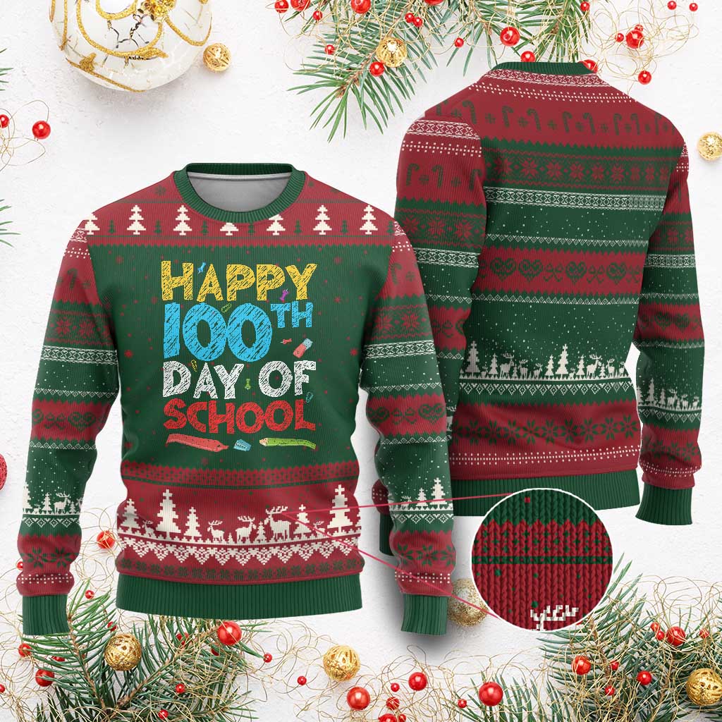100 Days of School Celebration Ugly Christmas Sweater Happy 100th Day Student Teacher Gift TS01 Red Green Print Your Wear
