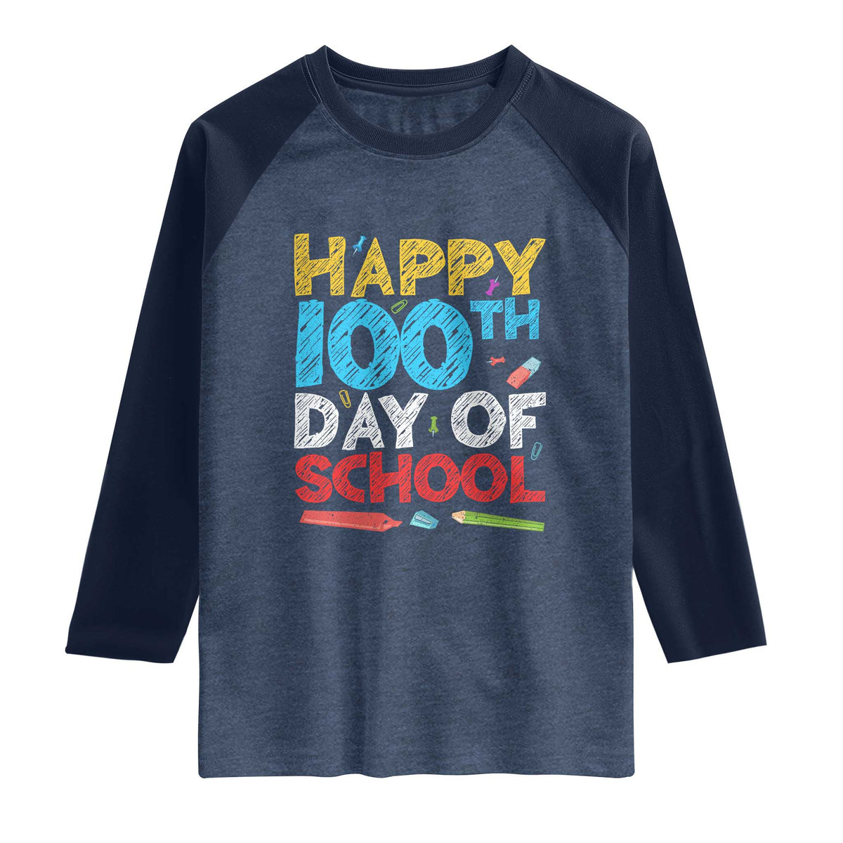 100 Days of School Celebration Raglan Shirt Happy 100th Day Student Teacher Gift TS01 Heather Denim Navy Print Your Wear