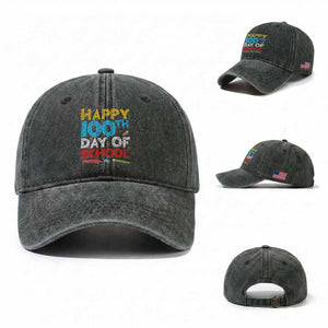 100 Days of School Celebration Washed Cotton Baseball Cap Happy 100th Day Student Teacher Gift TS01 Washed Cap Universal Fit Dark Green Print Your Wear