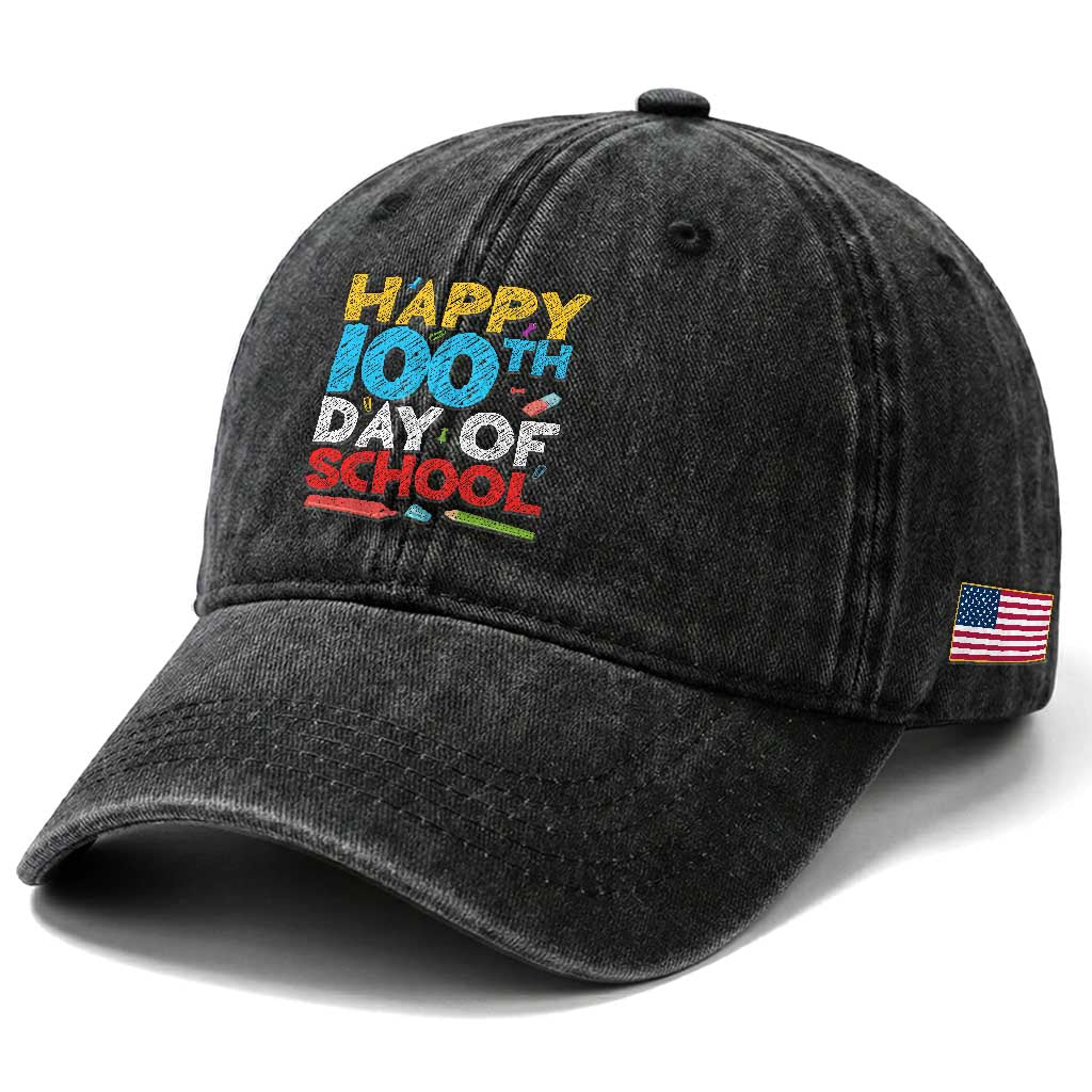 100 Days of School Celebration Washed Cotton Baseball Cap Happy 100th Day Student Teacher Gift TS01 Print Your Wear