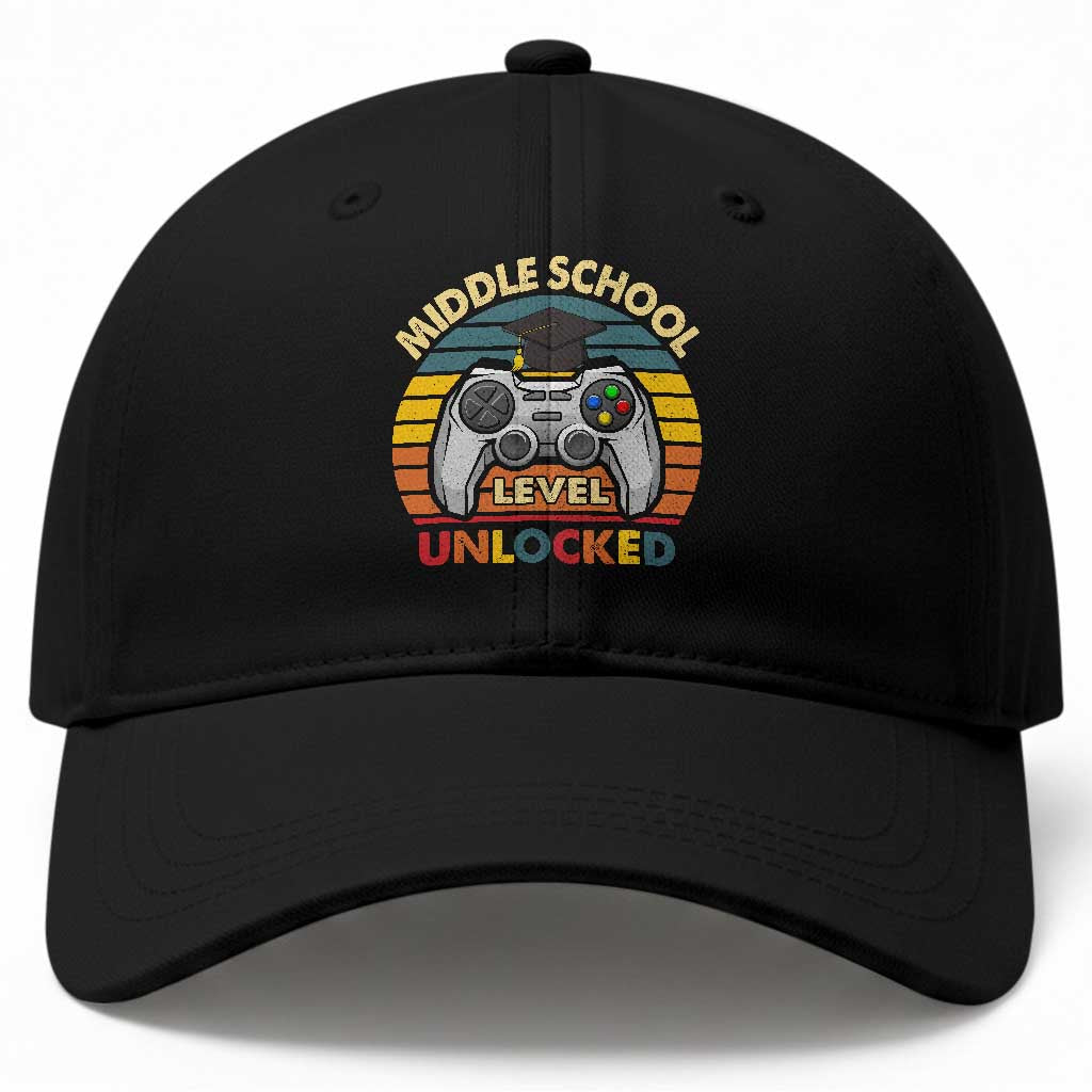 Middle School Level Unlocked Baseball Cap Funny Gamer First Day of Middle School TS01 Print Your Wear