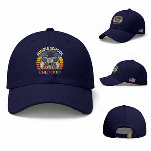 Middle School Level Unlocked Baseball Cap Funny Gamer First Day of Middle School TS01 Baseball Cap Universal Fit Dark Blue Print Your Wear