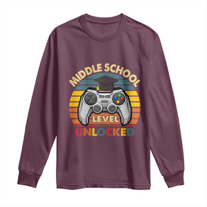 Middle School Level Unlocked Long Sleeve Shirt Funny Gamer First Day of Middle School TS01 Maroon Print Your Wear
