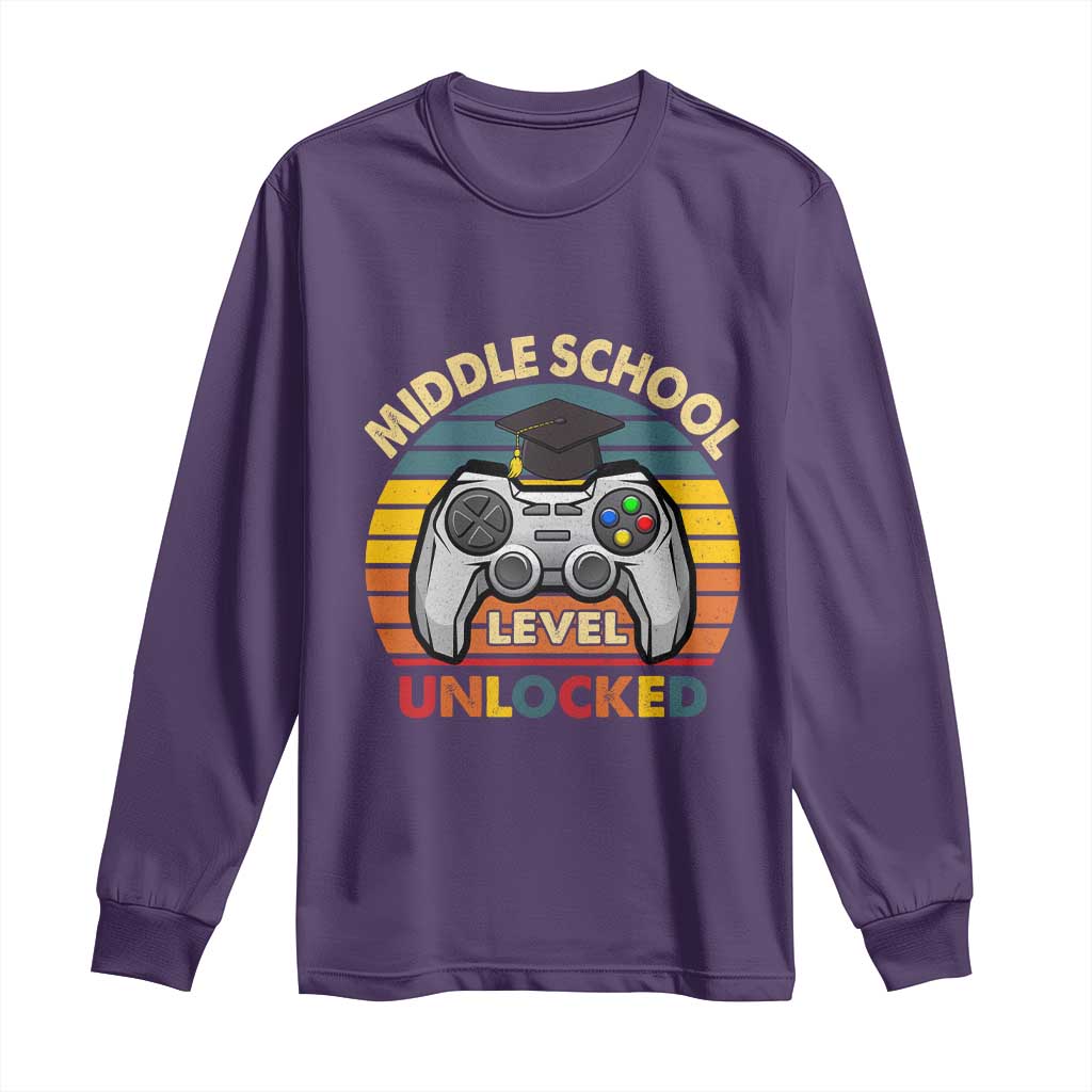 Middle School Level Unlocked Long Sleeve Shirt Funny Gamer First Day of Middle School TS01 Purple Print Your Wear