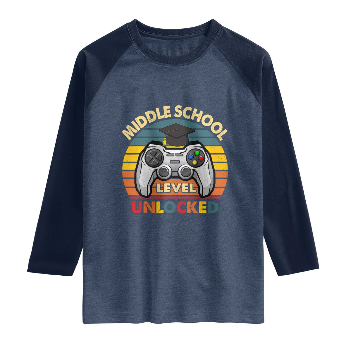 Middle School Level Unlocked Raglan Shirt Funny Gamer First Day of Middle School TS01 Heather Denim Navy Print Your Wear