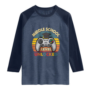 Middle School Level Unlocked Raglan Shirt Funny Gamer First Day of Middle School TS01 Heather Denim Navy Print Your Wear