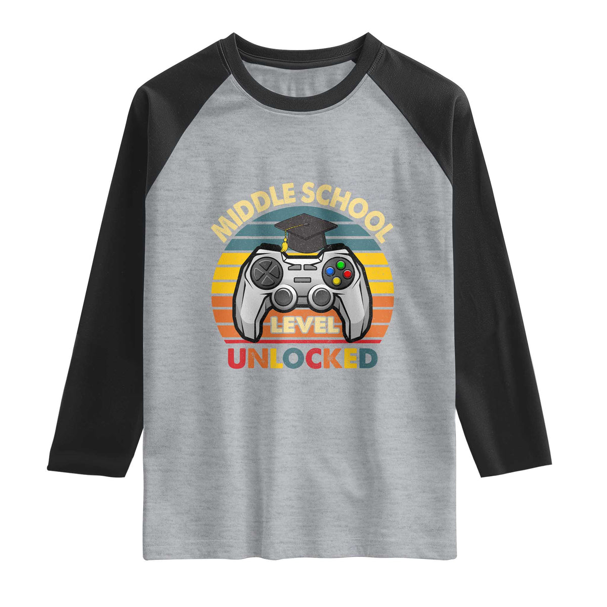 Middle School Level Unlocked Raglan Shirt Funny Gamer First Day of Middle School TS01 Heather Gray Black Print Your Wear