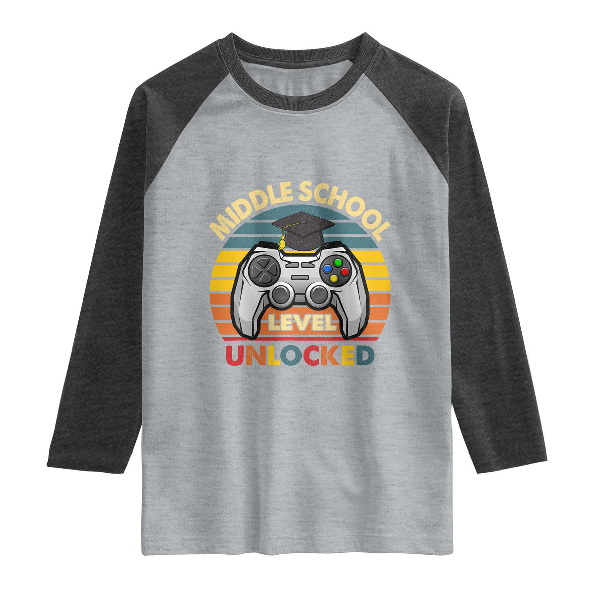 Middle School Level Unlocked Raglan Shirt Funny Gamer First Day of Middle School TS01 Heather Gray Heather Charcoal Print Your Wear