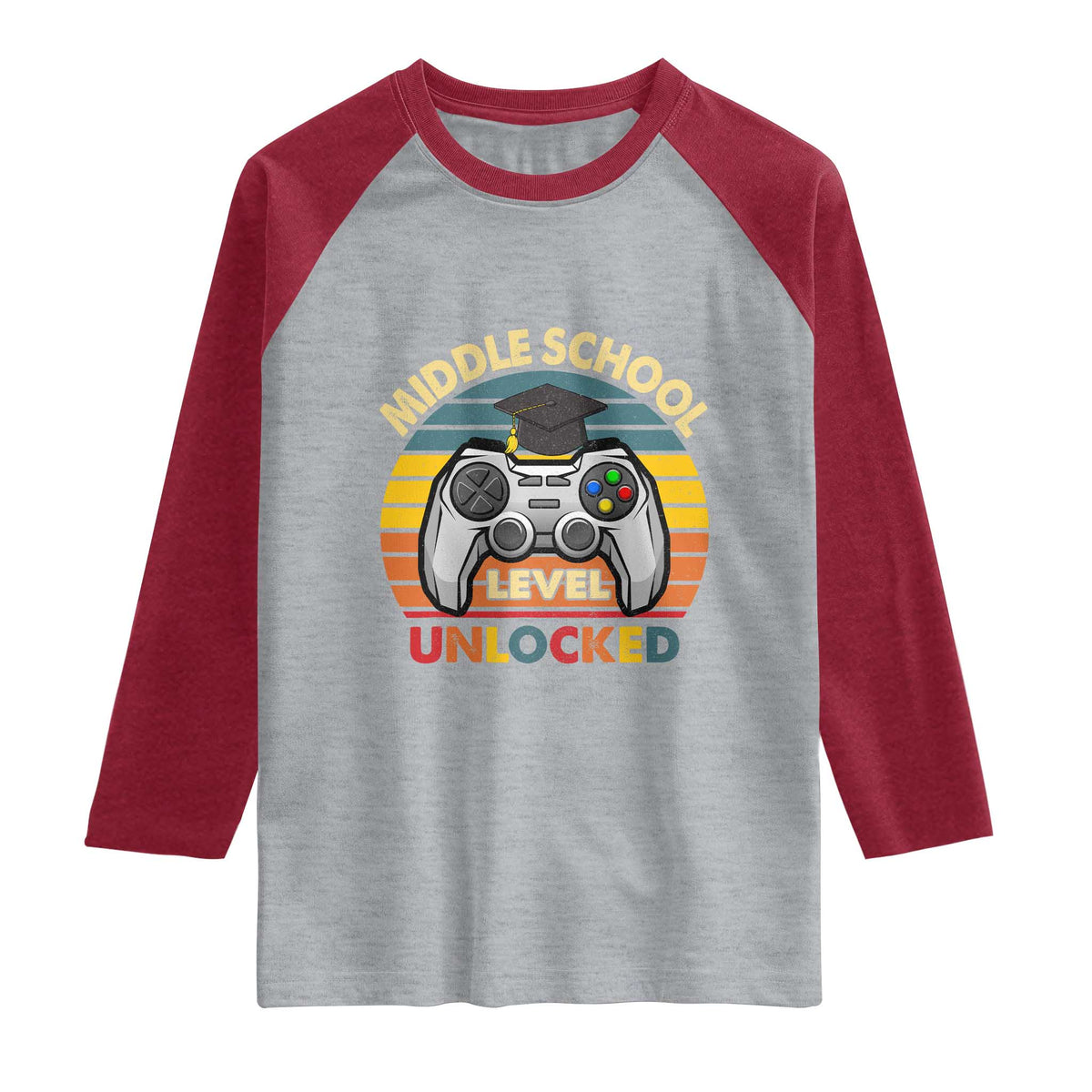 Middle School Level Unlocked Raglan Shirt Funny Gamer First Day of Middle School TS01 Heather Gray Heather Red Print Your Wear