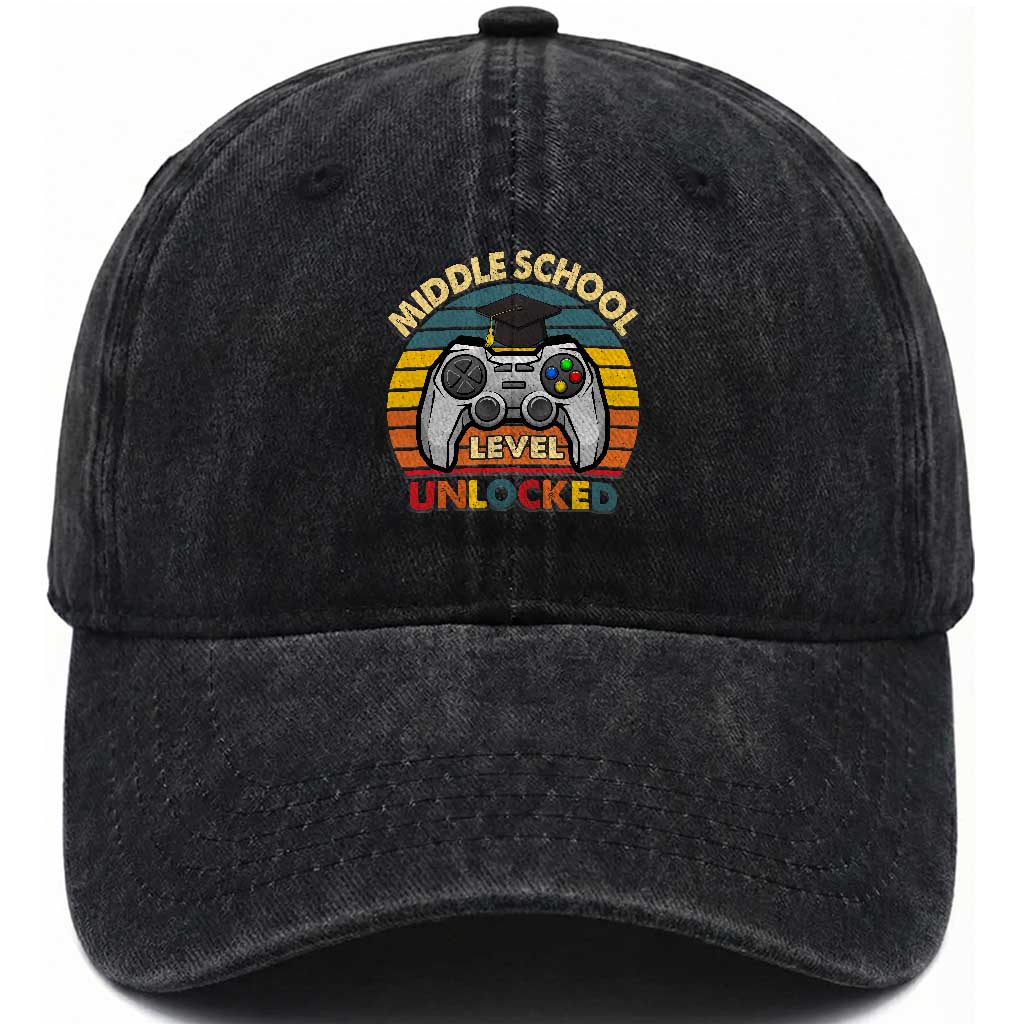 Middle School Level Unlocked Washed Cotton Baseball Cap Funny Gamer First Day of Middle School TS01 Print Your Wear
