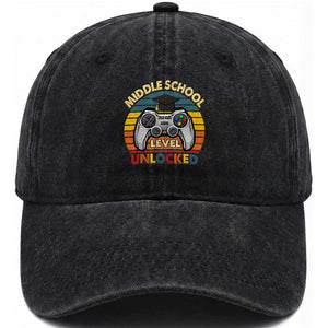 Middle School Level Unlocked Washed Cotton Baseball Cap Funny Gamer First Day of Middle School TS01 Print Your Wear