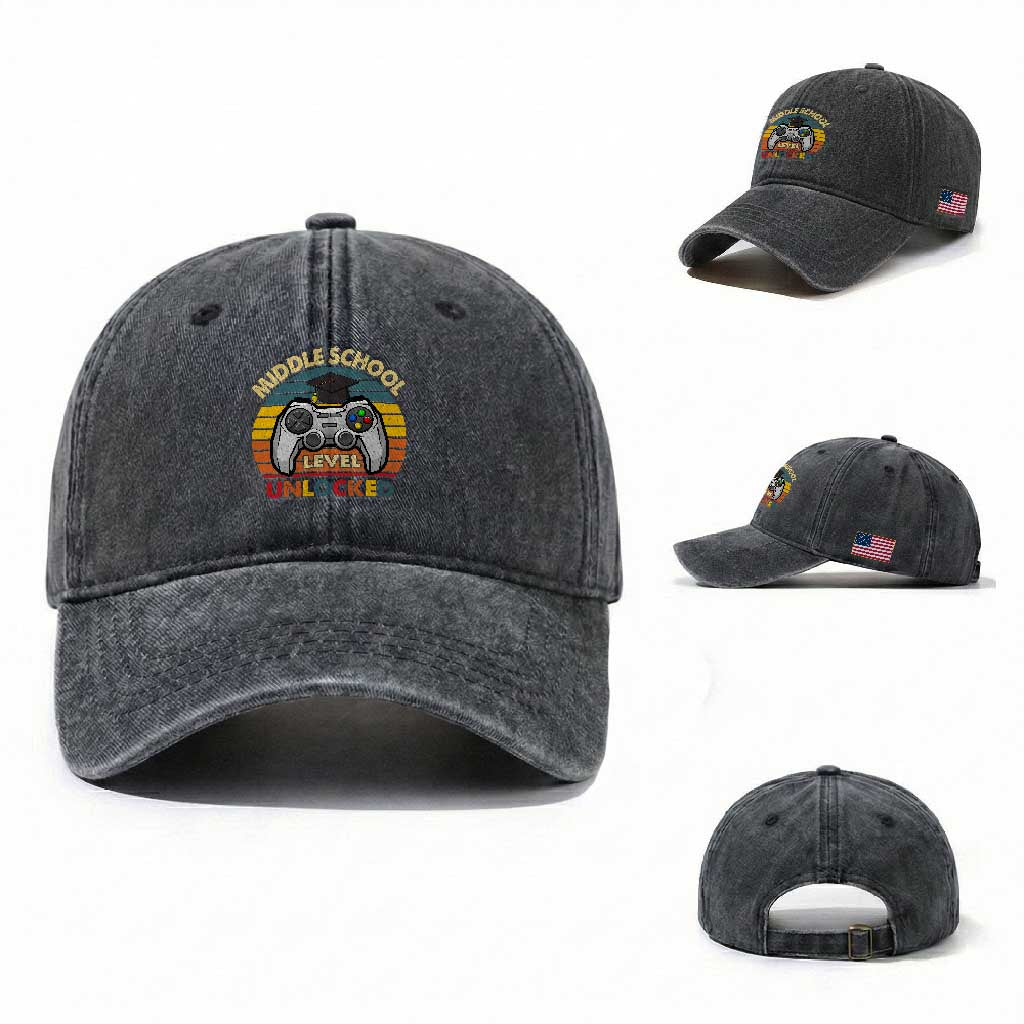Middle School Level Unlocked Washed Cotton Baseball Cap Funny Gamer First Day of Middle School TS01 Washed Cap Universal Fit Dark Gray Print Your Wear
