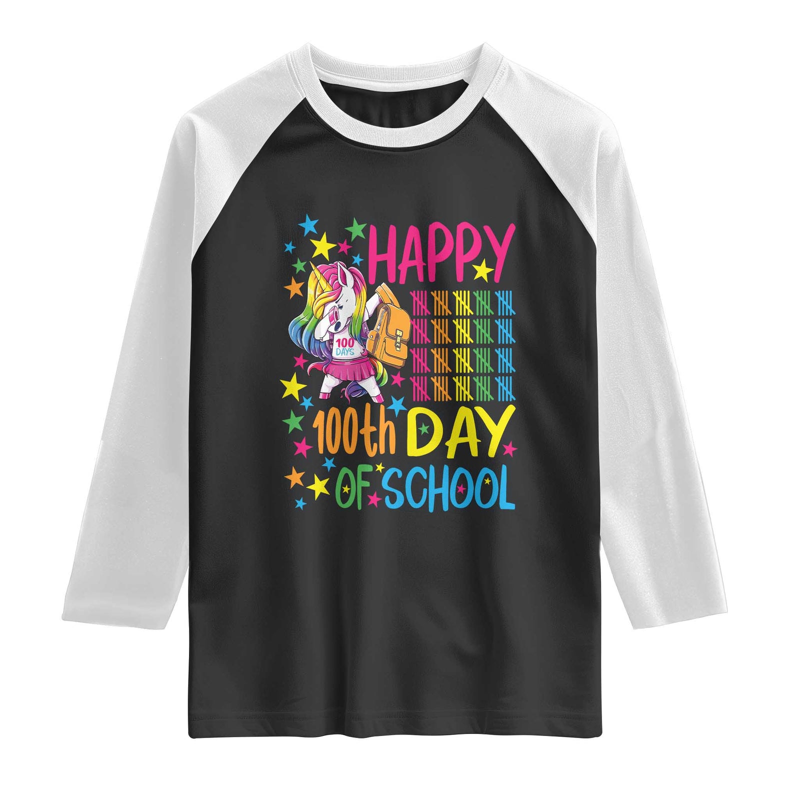Happy 100th Day of School Unicorn Raglan Shirt Magical Girls Celebration Gift TS01 Black White Print Your Wear