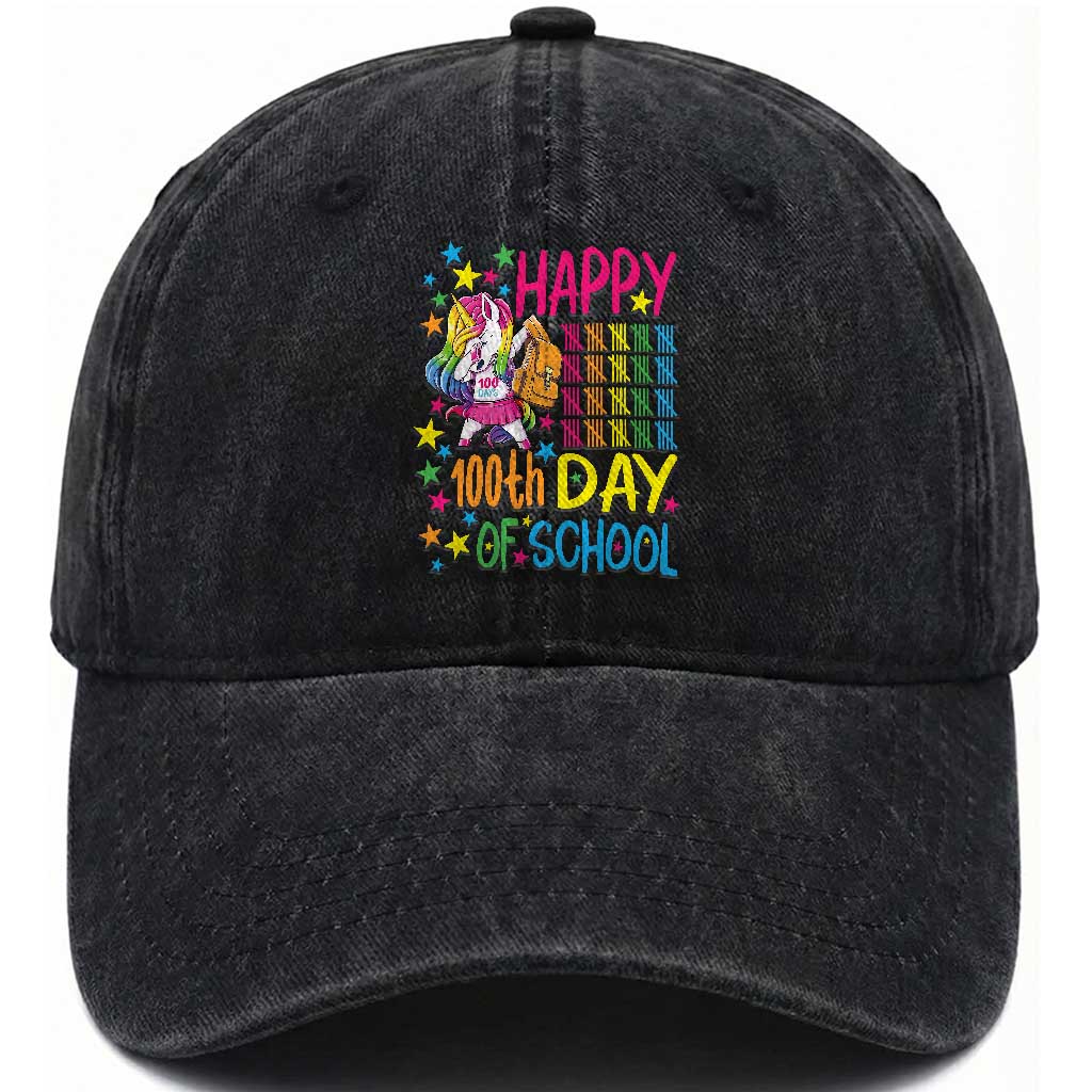 Happy 100th Day of School Unicorn Washed Cotton Baseball Cap Magical Girls Celebration Gift TS01 Print Your Wear