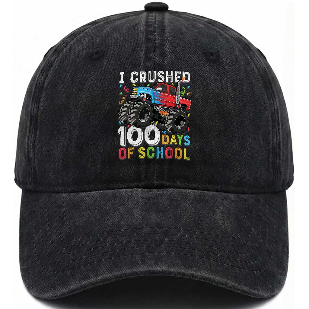 100 Days of School Monster Truck Washed Cotton Baseball Cap Boys Crushing 100th Day Milestone TS01 Print Your Wear