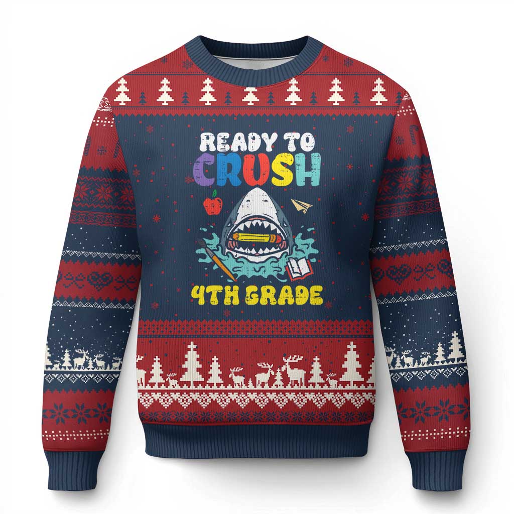 Shark Ready To Crush 4th Grade Ugly Christmas Sweater Cool Boys First Day of School Gift TS01 Navy Red Print Your Wear