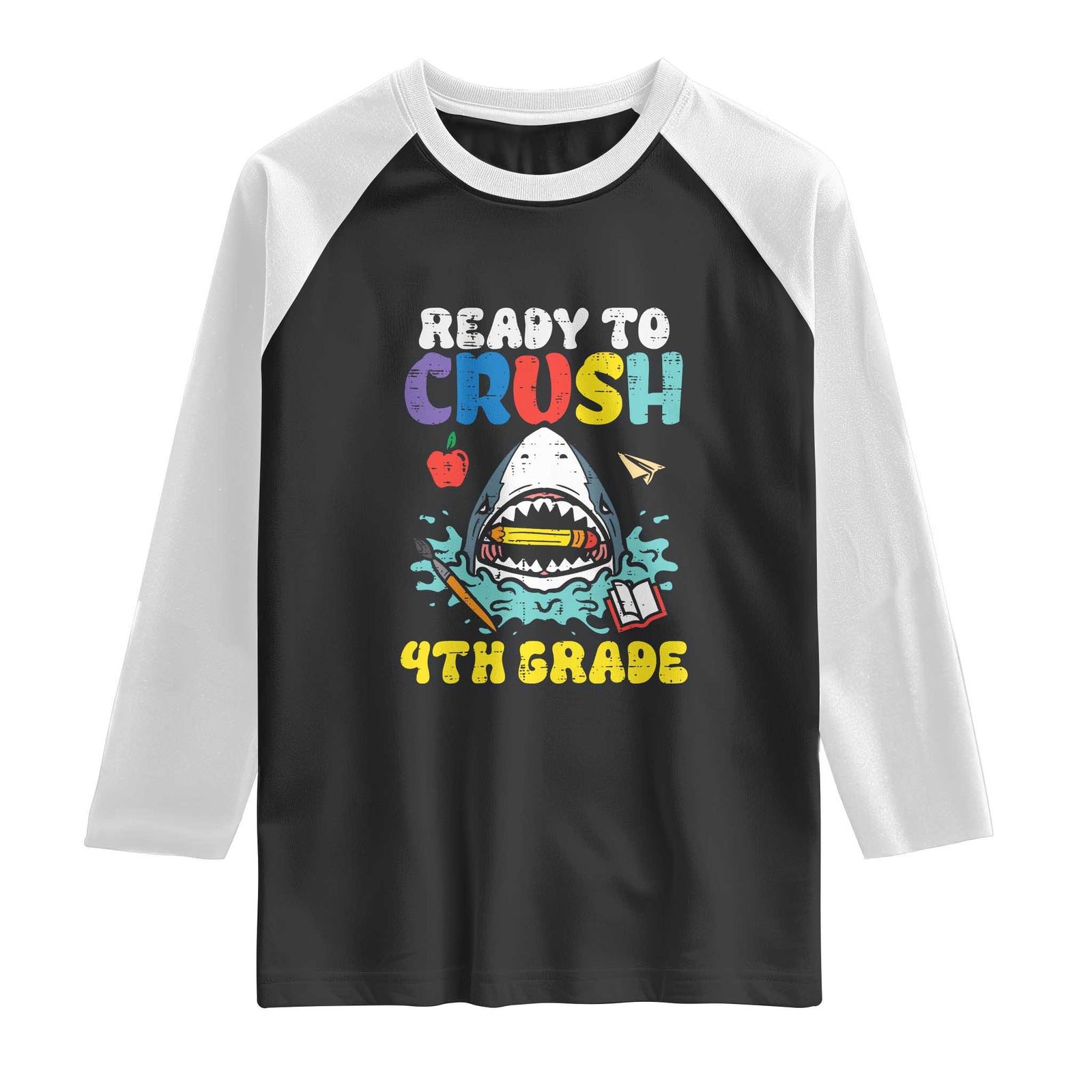 Shark Ready To Crush 4th Grade Raglan Shirt Cool Boys First Day of School Gift TS01 Black White Print Your Wear