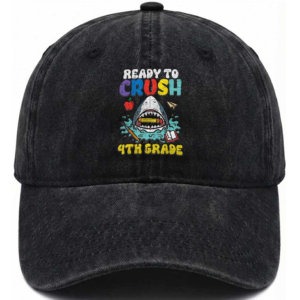 Shark Ready To Crush 4th Grade Washed Cotton Baseball Cap Cool Boys First Day of School Gift TS01 Print Your Wear