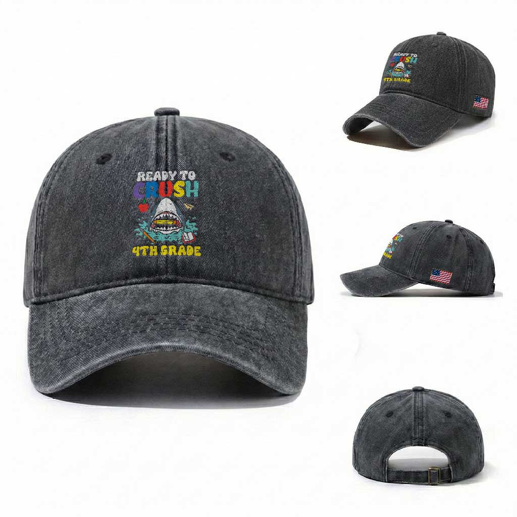 Shark Ready To Crush 4th Grade Washed Cotton Baseball Cap Cool Boys First Day of School Gift TS01 Washed Cap Universal Fit Dark Gray Print Your Wear