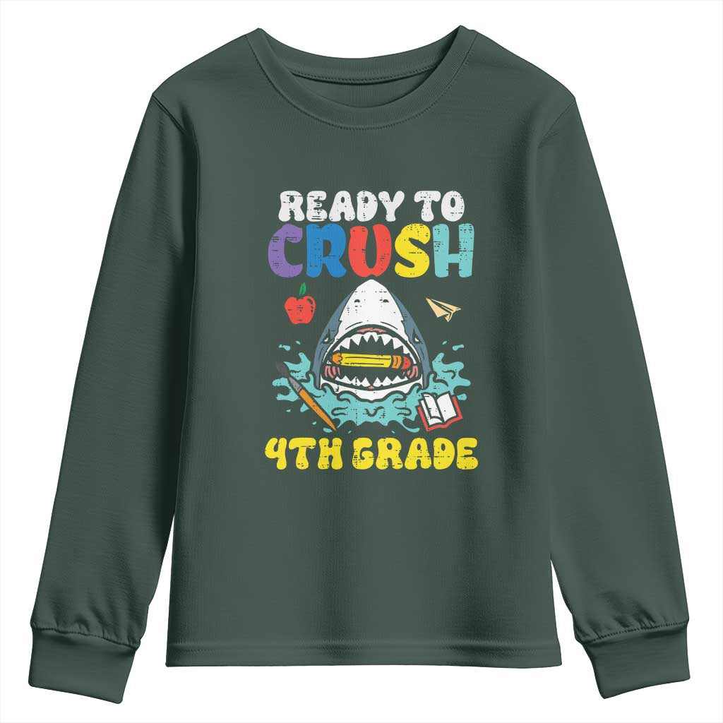 Shark Ready To Crush 4th Grade Youth Sweatshirt Cool Boys First Day of School Gift TS01 Dark Forest Green Print Your Wear