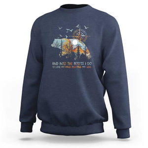 And Into the Forest I Go - Nature Lover Outdoor Adventure Sweatshirt Wilderness Compass & Bear Design TS01 Navy Print Your Wear