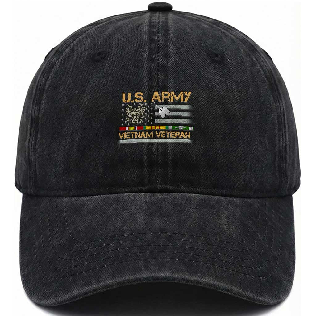 US Army Vietnam Veteran Patriotic USA Flag Military Washed Cotton Baseball Cap Vietnam War Veteran Tribute TS01 Washed Cap Universal Fit Black Print Your Wear