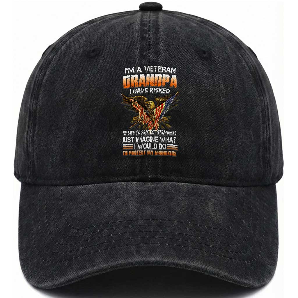 Veteran Grandpa Washed Cotton Baseball Cap Proud Military Grandpa - Father's Day Gift for Veterans TS01 Washed Cap Universal Fit Black Print Your Wear